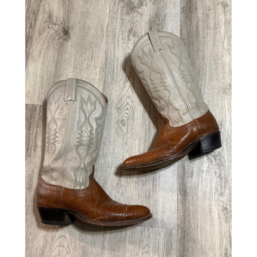 Vintage Dan Post womens 7M Lizard Skin Cowboy Boots Cognac Cream 2 Tone  Western